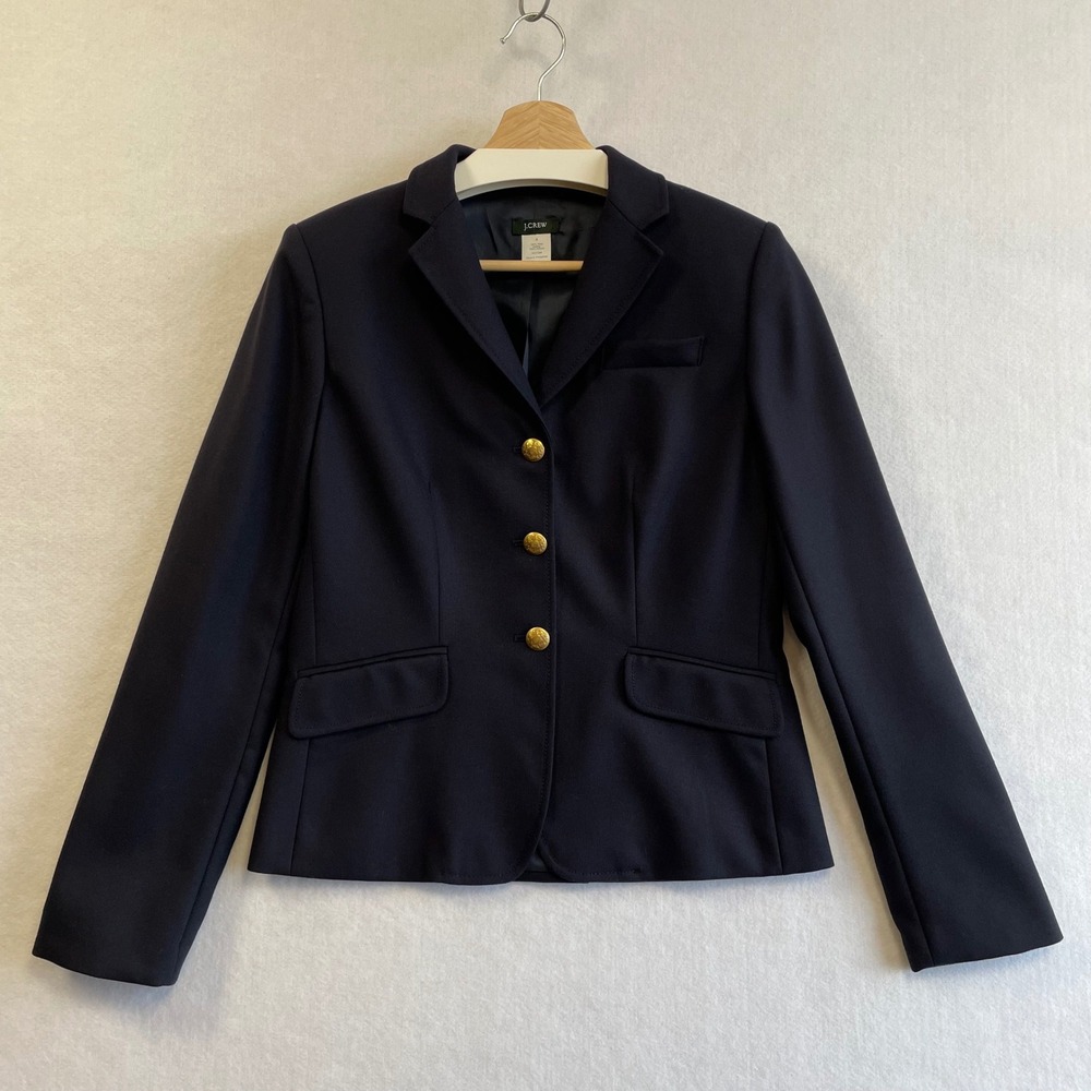 Vtg J.Crew Navy Blue 100% Wool Blazer Gold Crest Buttons Womens Size 6